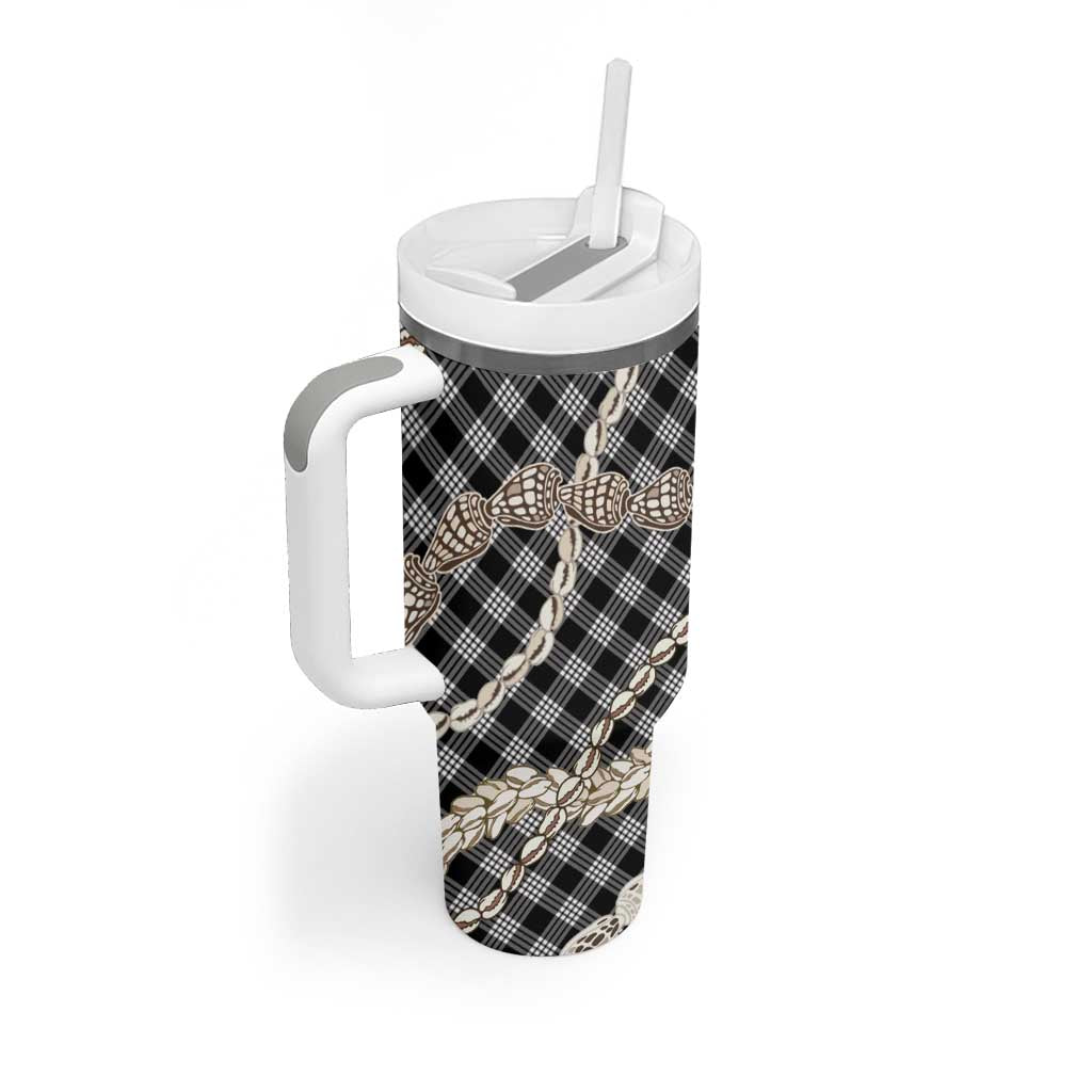 Black Aloha Hawaii Shell Lei Tumbler With Handle Palaka Hebrew Cone Honey Cowrie Elegant Curves - Polynesian Pride