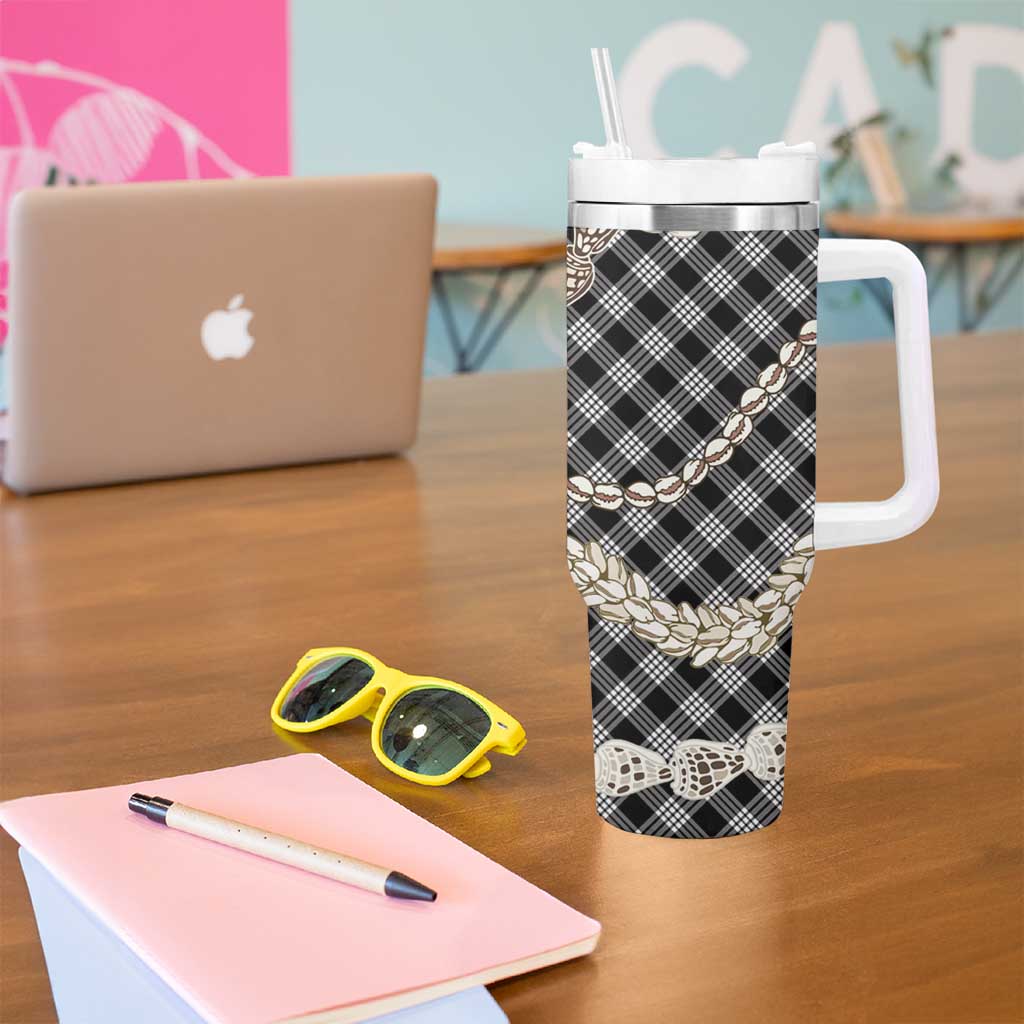 Black Aloha Hawaii Shell Lei Tumbler With Handle Palaka Hebrew Cone Honey Cowrie Elegant Curves - Polynesian Pride