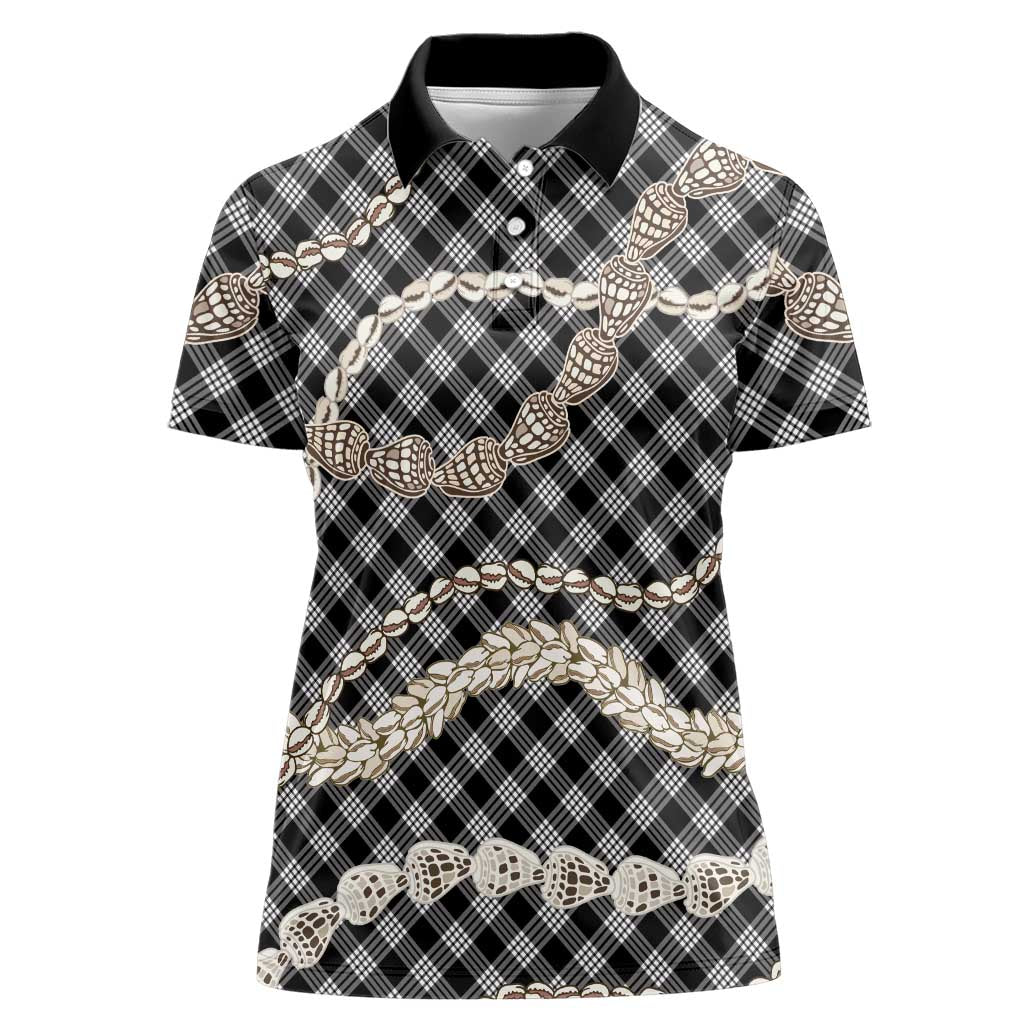 Black Aloha Hawaii Shell Lei Women Polo Shirt Palaka Hebrew Cone Honey Cowrie Elegant Curves LT14 Female Black - Polynesian Pride