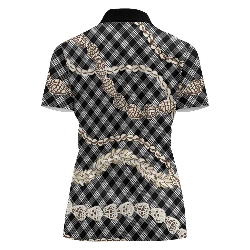 Black Aloha Hawaii Shell Lei Women Polo Shirt Palaka Hebrew Cone Honey Cowrie Elegant Curves LT14 - Polynesian Pride