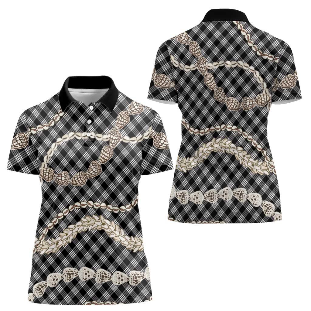 Black Aloha Hawaii Shell Lei Women Polo Shirt Palaka Hebrew Cone Honey Cowrie Elegant Curves LT14 - Polynesian Pride