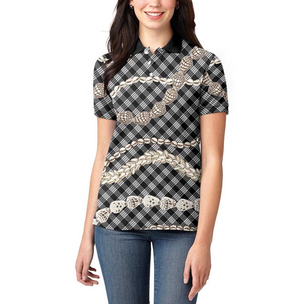 Black Aloha Hawaii Shell Lei Women Polo Shirt Palaka Hebrew Cone Honey Cowrie Elegant Curves LT14 - Polynesian Pride