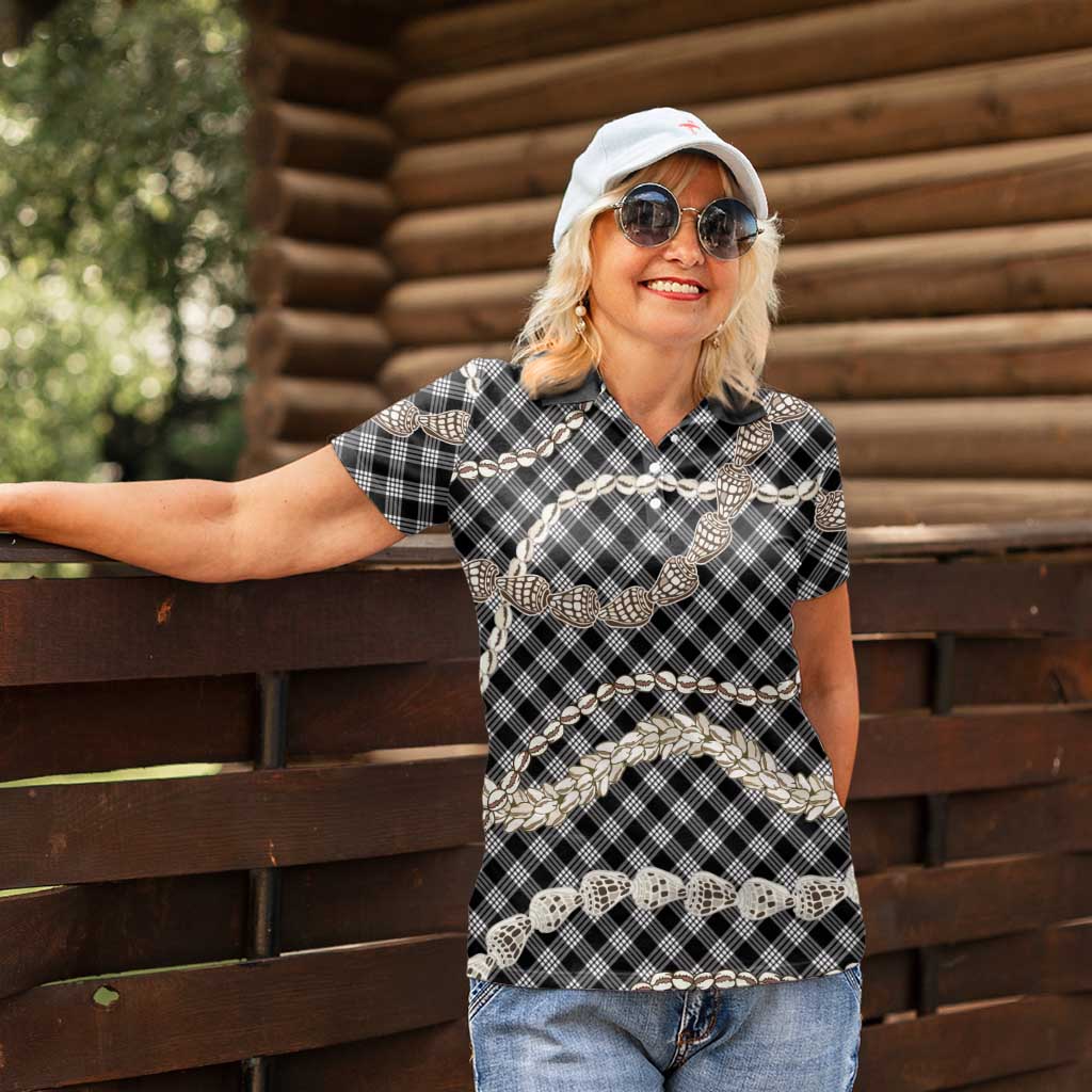 Black Aloha Hawaii Shell Lei Women Polo Shirt Palaka Hebrew Cone Honey Cowrie Elegant Curves LT14 - Polynesian Pride