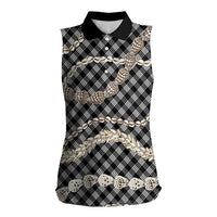 Black Aloha Hawaii Shell Lei Women Sleeveless Polo Shirt Palaka Hebrew Cone Honey Cowrie Elegant Curves LT14 Female Black - Polynesian Pride