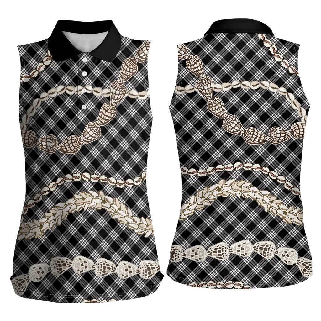 Black Aloha Hawaii Shell Lei Women Sleeveless Polo Shirt Palaka Hebrew Cone Honey Cowrie Elegant Curves LT14 - Polynesian Pride