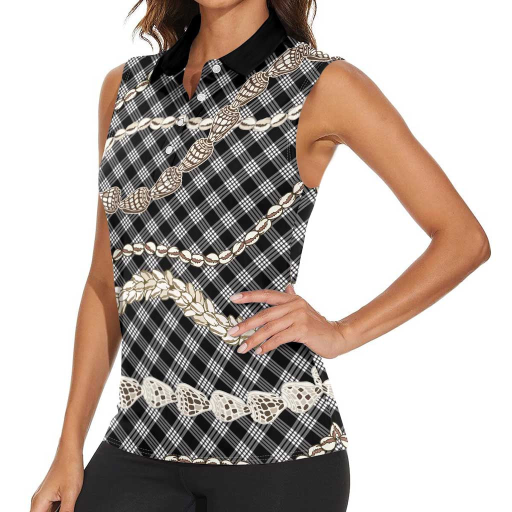 Black Aloha Hawaii Shell Lei Women Sleeveless Polo Shirt Palaka Hebrew Cone Honey Cowrie Elegant Curves LT14 - Polynesian Pride