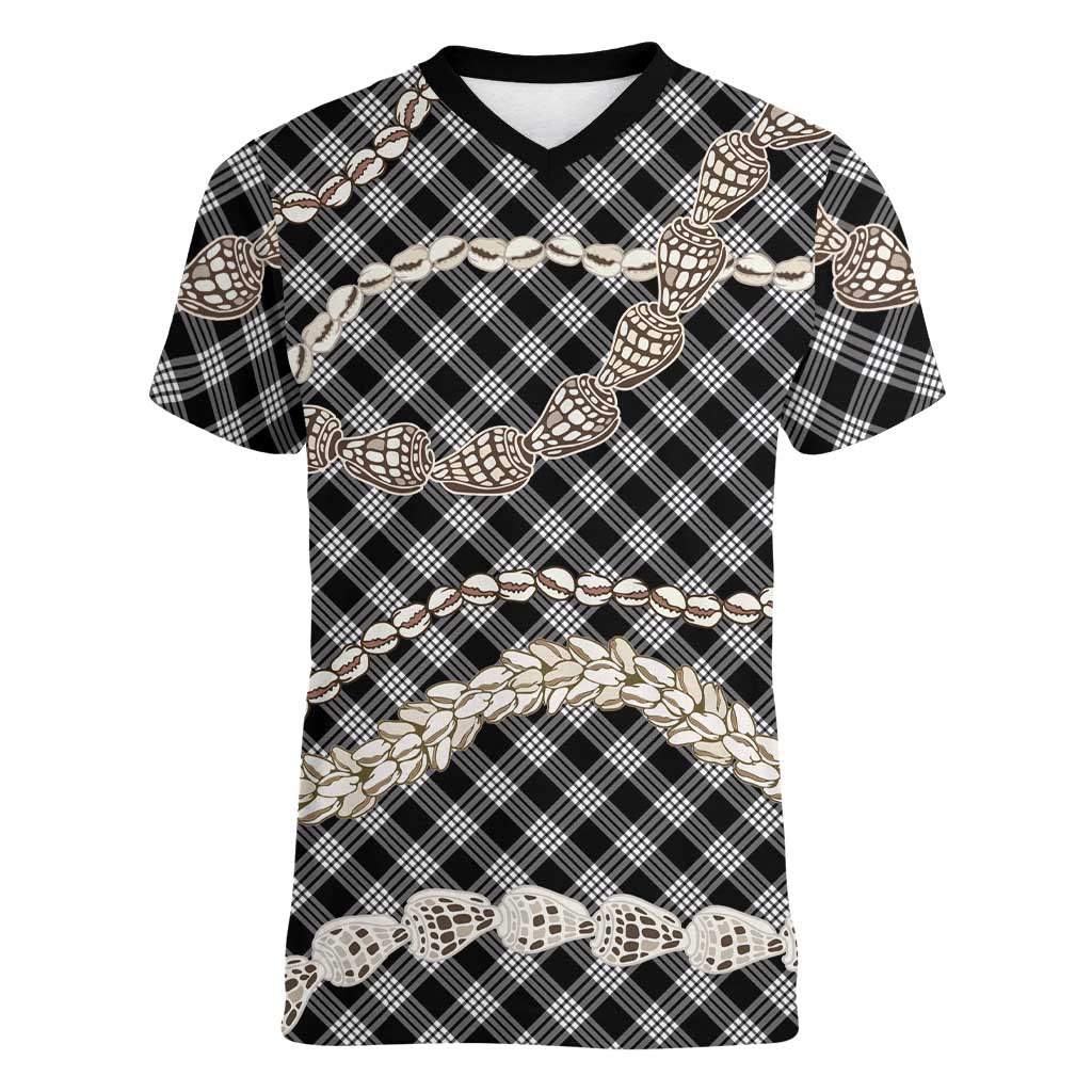 Black Aloha Hawaii Shell Lei Women V-Neck T-Shirt Palaka Hebrew Cone Honey Cowrie Elegant Curves - Polynesian Pride