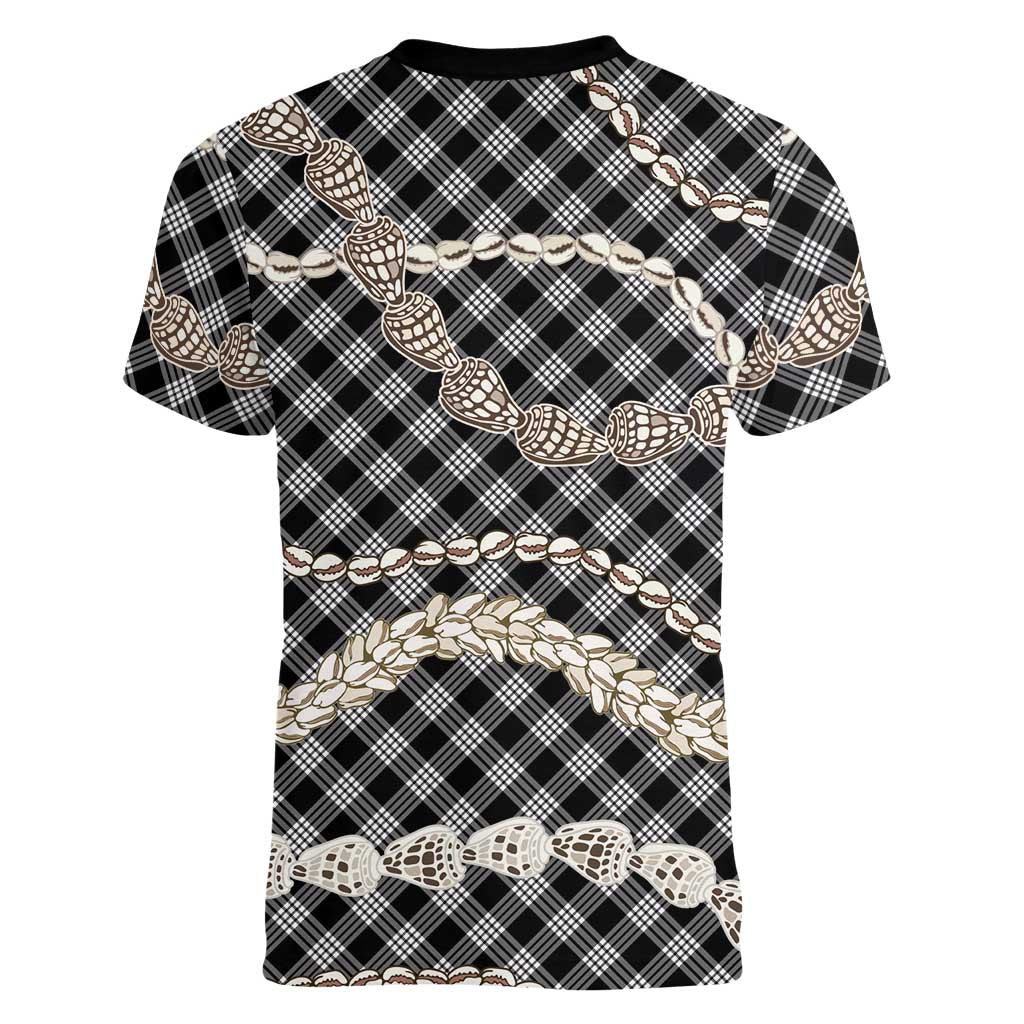 Black Aloha Hawaii Shell Lei Women V-Neck T-Shirt Palaka Hebrew Cone Honey Cowrie Elegant Curves LT14 - Polynesian Pride