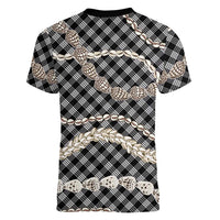 Black Aloha Hawaii Shell Lei Women V-Neck T-Shirt Palaka Hebrew Cone Honey Cowrie Elegant Curves LT14 - Polynesian Pride