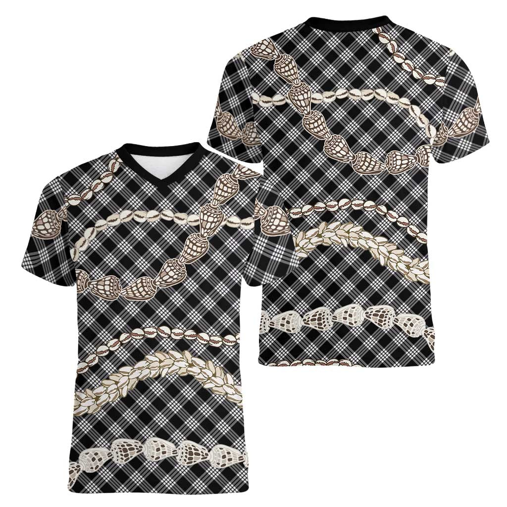 Black Aloha Hawaii Shell Lei Women V-Neck T-Shirt Palaka Hebrew Cone Honey Cowrie Elegant Curves LT14 - Polynesian Pride