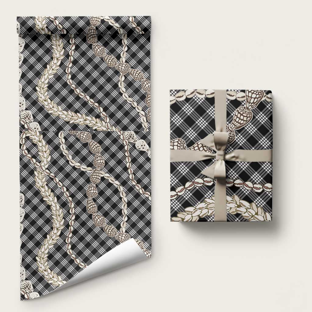 Black Aloha Hawaii Shell Lei Wrapping Paper Palaka Hebrew Cone Honey Cowrie Elegant Curves LT14 58" × 23" Black - Polynesian Pride