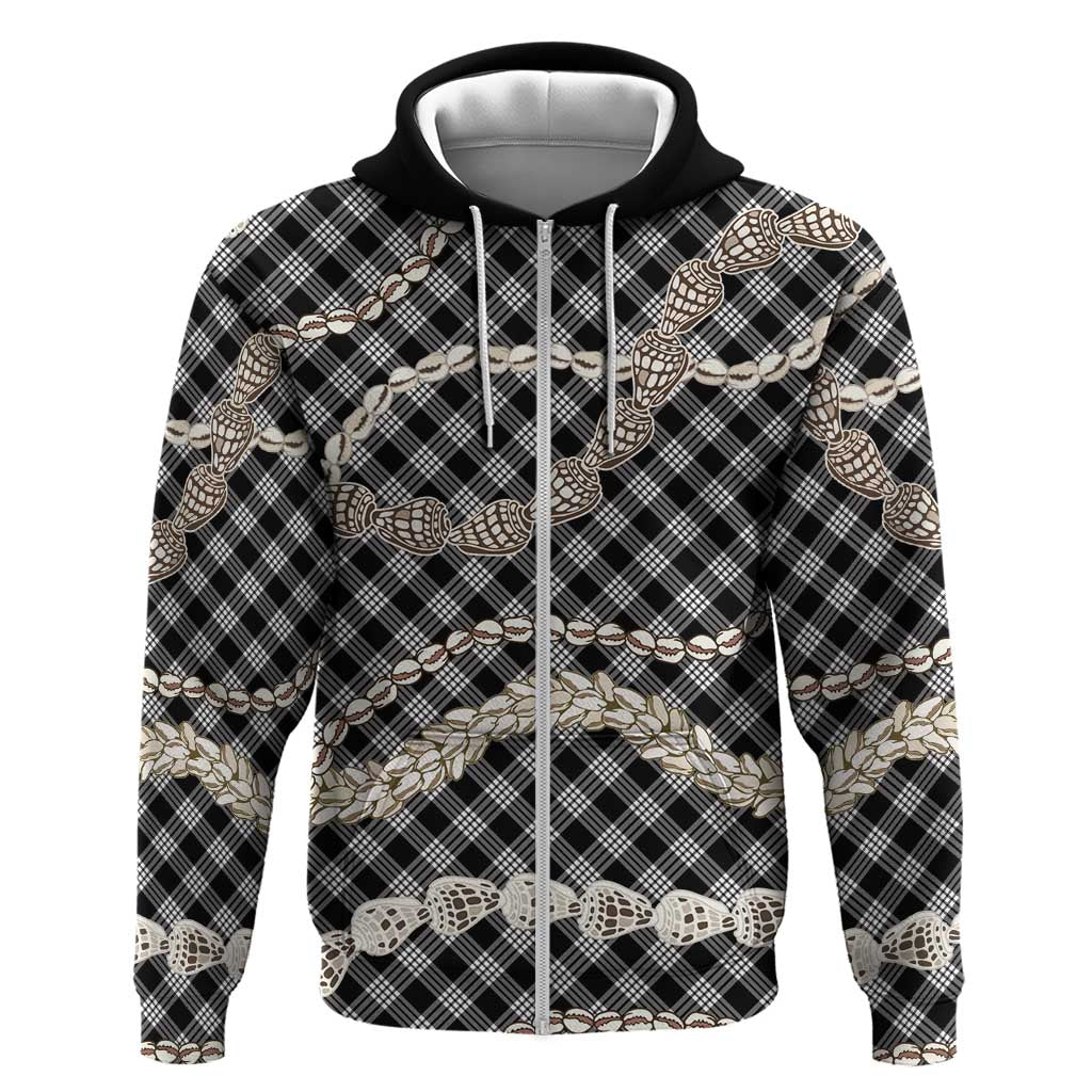 Black Aloha Hawaii Shell Lei Zip Hoodie Palaka Hebrew Cone Honey Cowrie Elegant Curves LT14 Zip Hoodie Black - Polynesian Pride