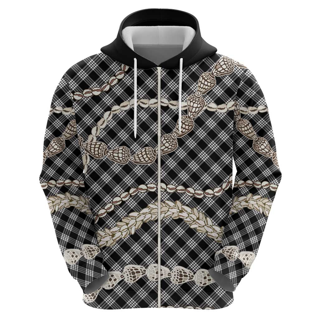 Black Aloha Hawaii Shell Lei Zip Hoodie Palaka Hebrew Cone Honey Cowrie Elegant Curves LT14 - Polynesian Pride