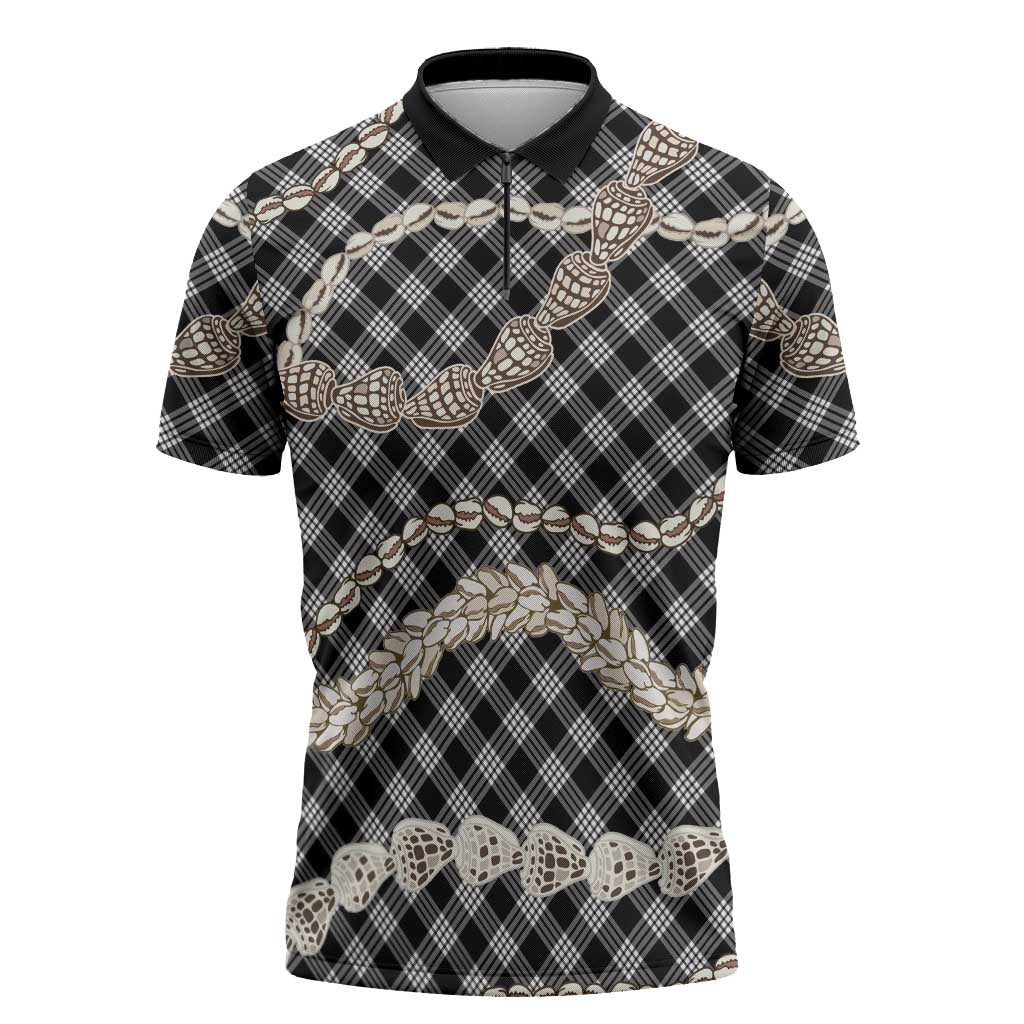Black Aloha Hawaii Shell Lei Zipper Polo Shirt Palaka Hebrew Cone Honey Cowrie Elegant Curves - Polynesian Pride