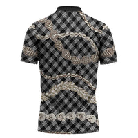 Black Aloha Hawaii Shell Lei Zipper Polo Shirt Palaka Hebrew Cone Honey Cowrie Elegant Curves - Polynesian Pride