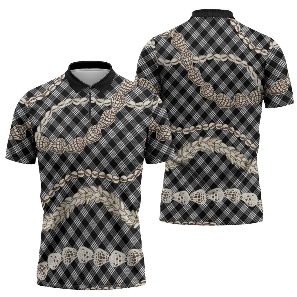 Black Aloha Hawaii Shell Lei Zipper Polo Shirt Palaka Hebrew Cone Honey Cowrie Elegant Curves - Polynesian Pride