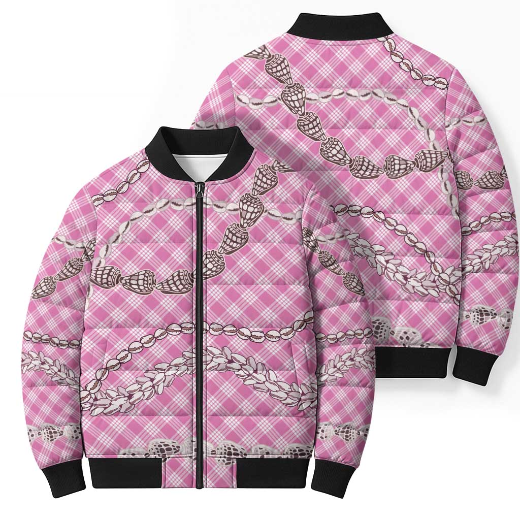 Pink Aloha Hawaii Shell Lei Bomber Puffer Jacket Palaka Hebrew Cone Honey Cowrie Elegant Curves - Polynesian Pride