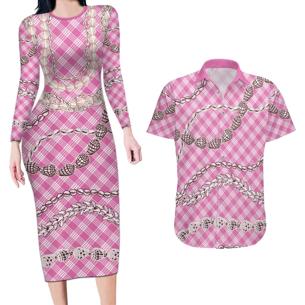 Pink Aloha Hawaii Shell Lei Couples Matching Long Sleeve Bodycon Dress and Hawaiian Shirt Palaka Hebrew Cone Honey Cowrie Elegant Curves LT14 Pink - Polynesian Pride