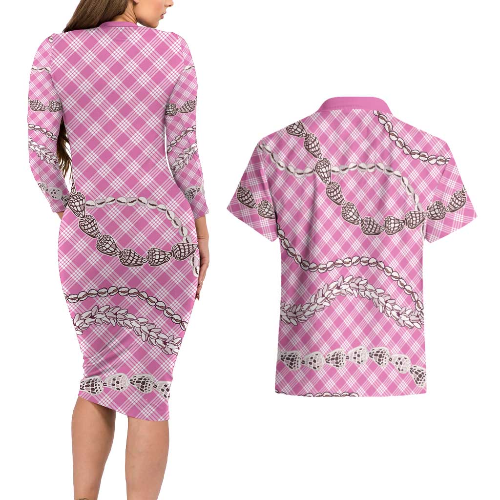 Pink Aloha Hawaii Shell Lei Couples Matching Long Sleeve Bodycon Dress and Hawaiian Shirt Palaka Hebrew Cone Honey Cowrie Elegant Curves LT14 - Polynesian Pride