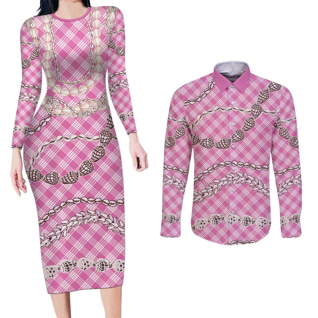 Pink Aloha Hawaii Shell Lei Couples Matching Long Sleeve Bodycon Dress and Long Sleeve Button Shirt Palaka Hebrew Cone Honey Cowrie Elegant Curves LT14 Pink - Polynesian Pride