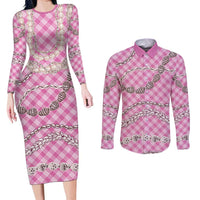 Pink Aloha Hawaii Shell Lei Couples Matching Long Sleeve Bodycon Dress and Long Sleeve Button Shirt Palaka Hebrew Cone Honey Cowrie Elegant Curves LT14 Pink - Polynesian Pride
