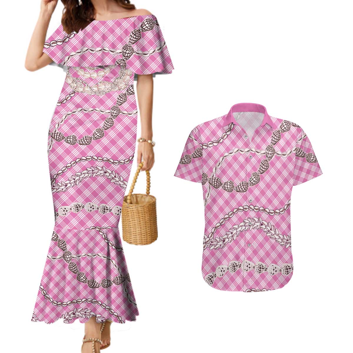 Pink Aloha Hawaii Shell Lei Couples Matching Mermaid Dress and Hawaiian Shirt Palaka Hebrew Cone Honey Cowrie Elegant Curves LT14 Pink - Polynesian Pride