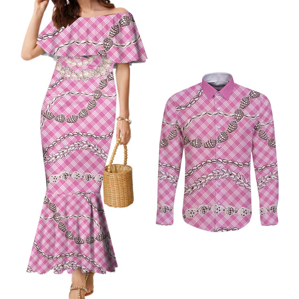 Pink Aloha Hawaii Shell Lei Couples Matching Mermaid Dress and Long Sleeve Button Shirt Palaka Hebrew Cone Honey Cowrie Elegant Curves - Polynesian Pride