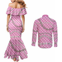Pink Aloha Hawaii Shell Lei Couples Matching Mermaid Dress and Long Sleeve Button Shirt Palaka Hebrew Cone Honey Cowrie Elegant Curves LT14 - Polynesian Pride