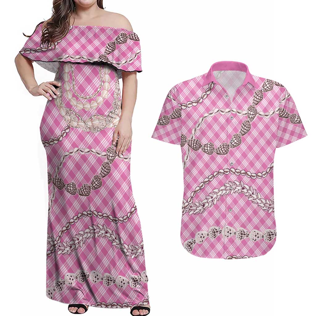 Pink Aloha Hawaii Shell Lei Couples Matching Off Shoulder Maxi Dress and Hawaiian Shirt Palaka Hebrew Cone Honey Cowrie Elegant Curves LT14 Pink - Polynesian Pride