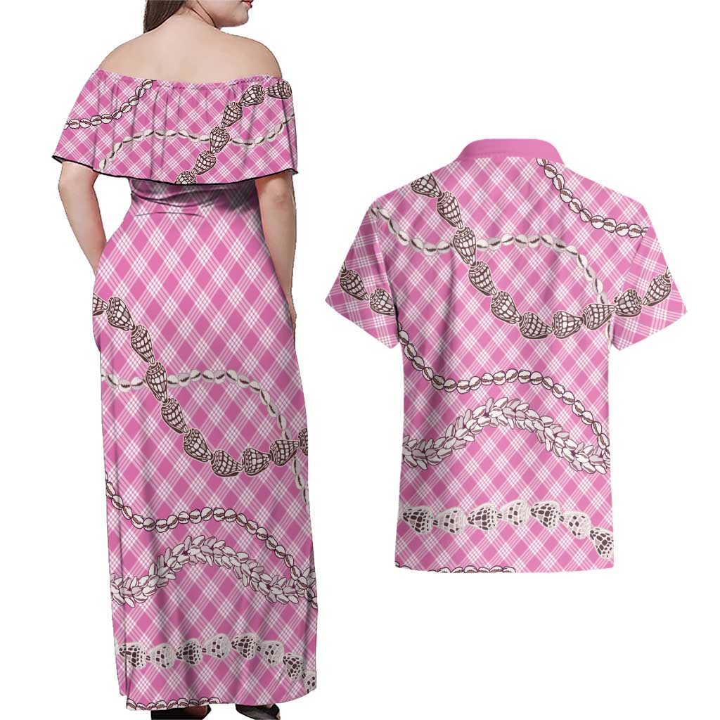 Pink Aloha Hawaii Shell Lei Couples Matching Off Shoulder Maxi Dress and Hawaiian Shirt Palaka Hebrew Cone Honey Cowrie Elegant Curves LT14 - Polynesian Pride