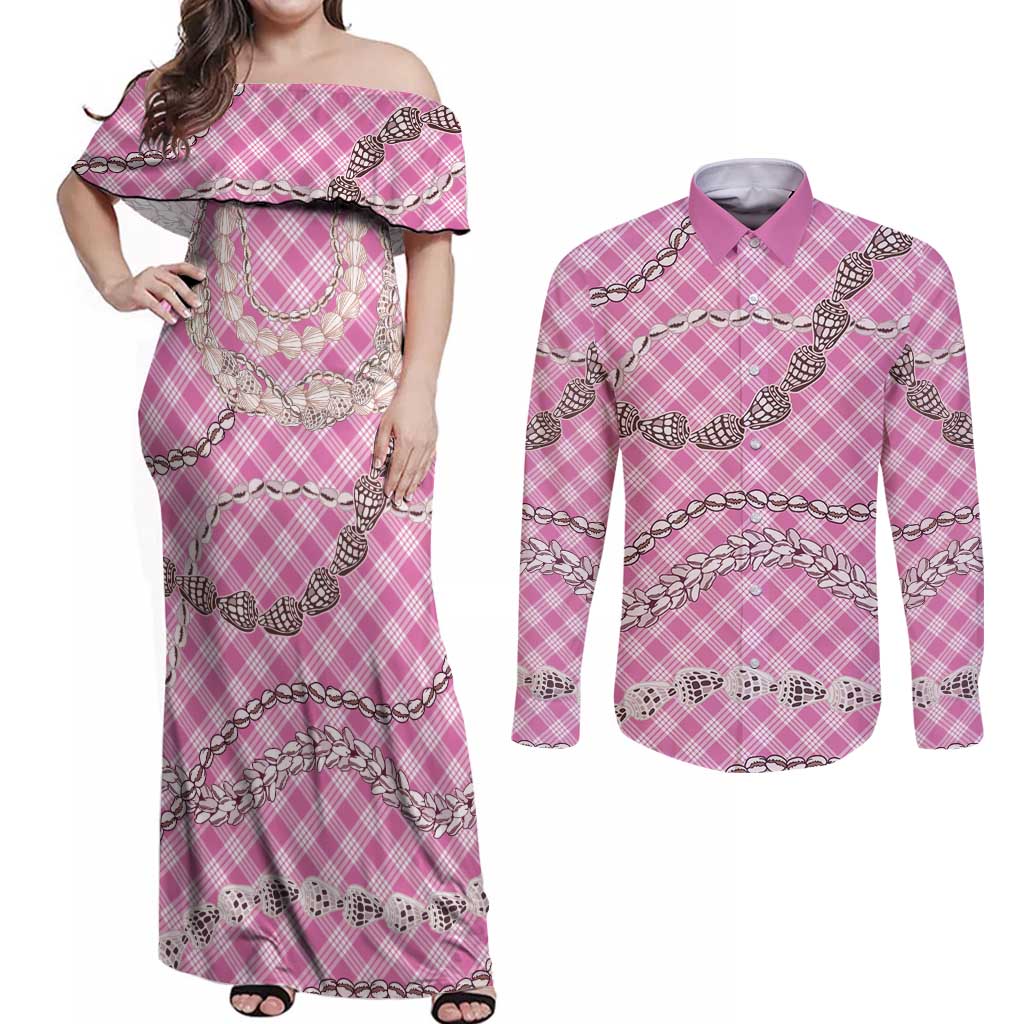 Pink Aloha Hawaii Shell Lei Couples Matching Off Shoulder Maxi Dress and Long Sleeve Button Shirt Palaka Hebrew Cone Honey Cowrie Elegant Curves - Polynesian Pride