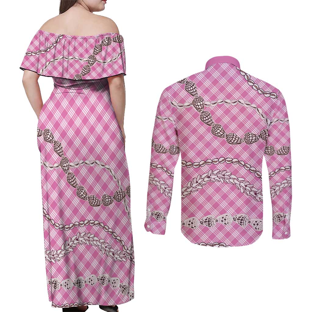 Pink Aloha Hawaii Shell Lei Couples Matching Off Shoulder Maxi Dress and Long Sleeve Button Shirt Palaka Hebrew Cone Honey Cowrie Elegant Curves LT14 - Polynesian Pride