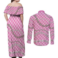 Pink Aloha Hawaii Shell Lei Couples Matching Off Shoulder Maxi Dress and Long Sleeve Button Shirt Palaka Hebrew Cone Honey Cowrie Elegant Curves LT14 - Polynesian Pride