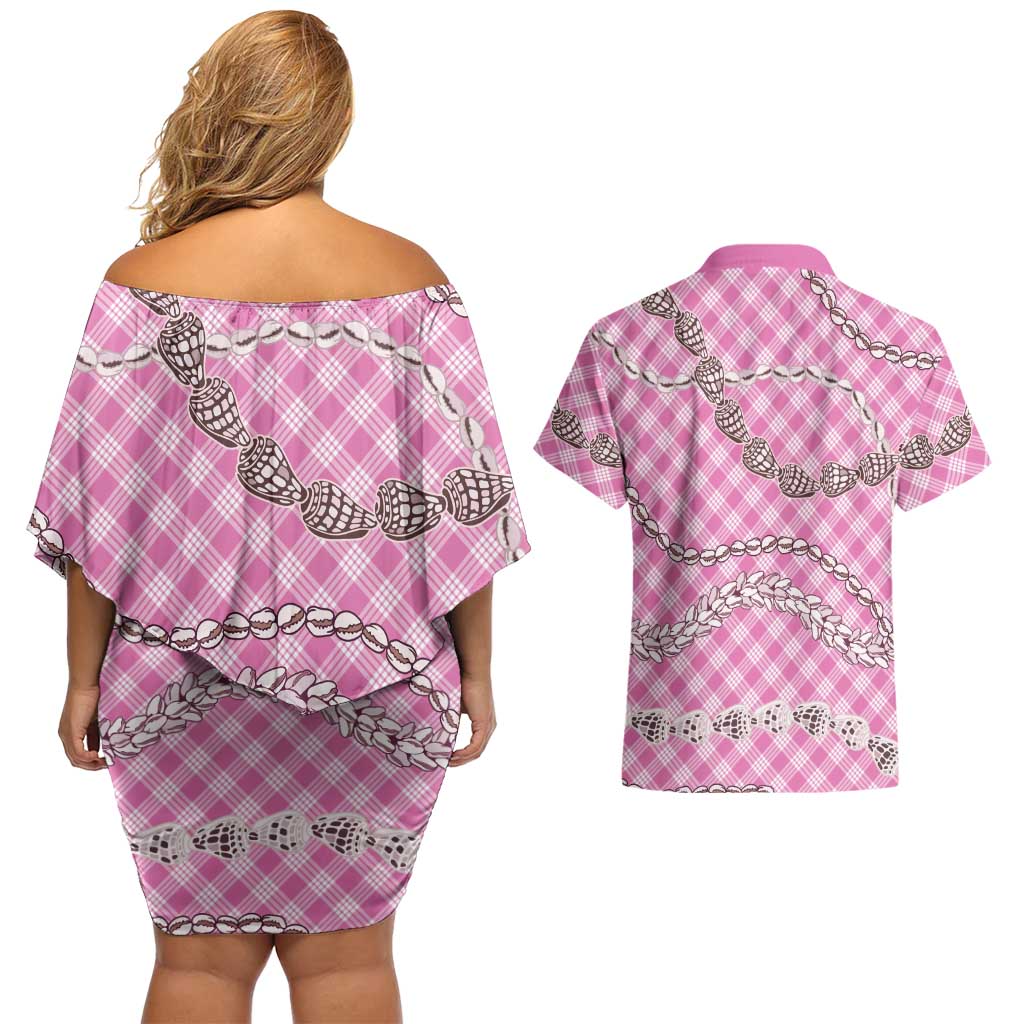 Pink Aloha Hawaii Shell Lei Couples Matching Off Shoulder Short Dress and Hawaiian Shirt Palaka Hebrew Cone Honey Cowrie Elegant Curves LT14 - Polynesian Pride