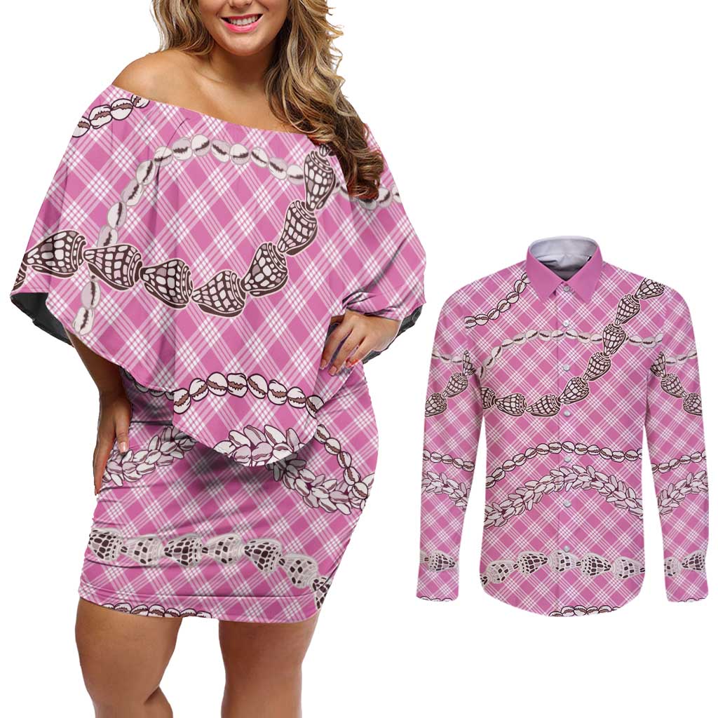 Pink Aloha Hawaii Shell Lei Couples Matching Off Shoulder Short Dress and Long Sleeve Button Shirt Palaka Hebrew Cone Honey Cowrie Elegant Curves LT14 Pink - Polynesian Pride
