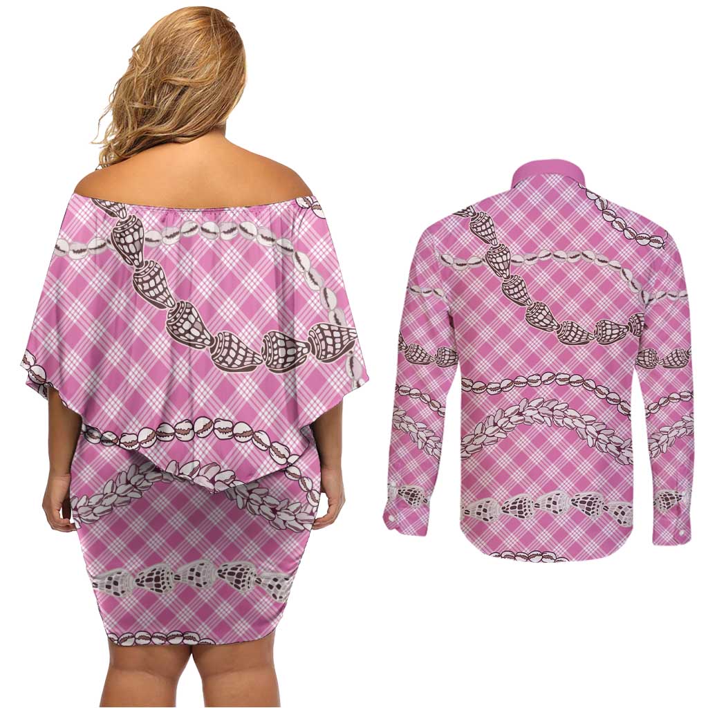 Pink Aloha Hawaii Shell Lei Couples Matching Off Shoulder Short Dress and Long Sleeve Button Shirt Palaka Hebrew Cone Honey Cowrie Elegant Curves LT14 - Polynesian Pride
