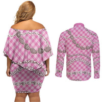 Pink Aloha Hawaii Shell Lei Couples Matching Off Shoulder Short Dress and Long Sleeve Button Shirt Palaka Hebrew Cone Honey Cowrie Elegant Curves LT14 - Polynesian Pride