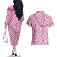 Pink Aloha Hawaii Shell Lei Couples Matching Off The Shoulder Long Sleeve Dress and Hawaiian Shirt Palaka Hebrew Cone Honey Cowrie Elegant Curves LT14 - Polynesian Pride