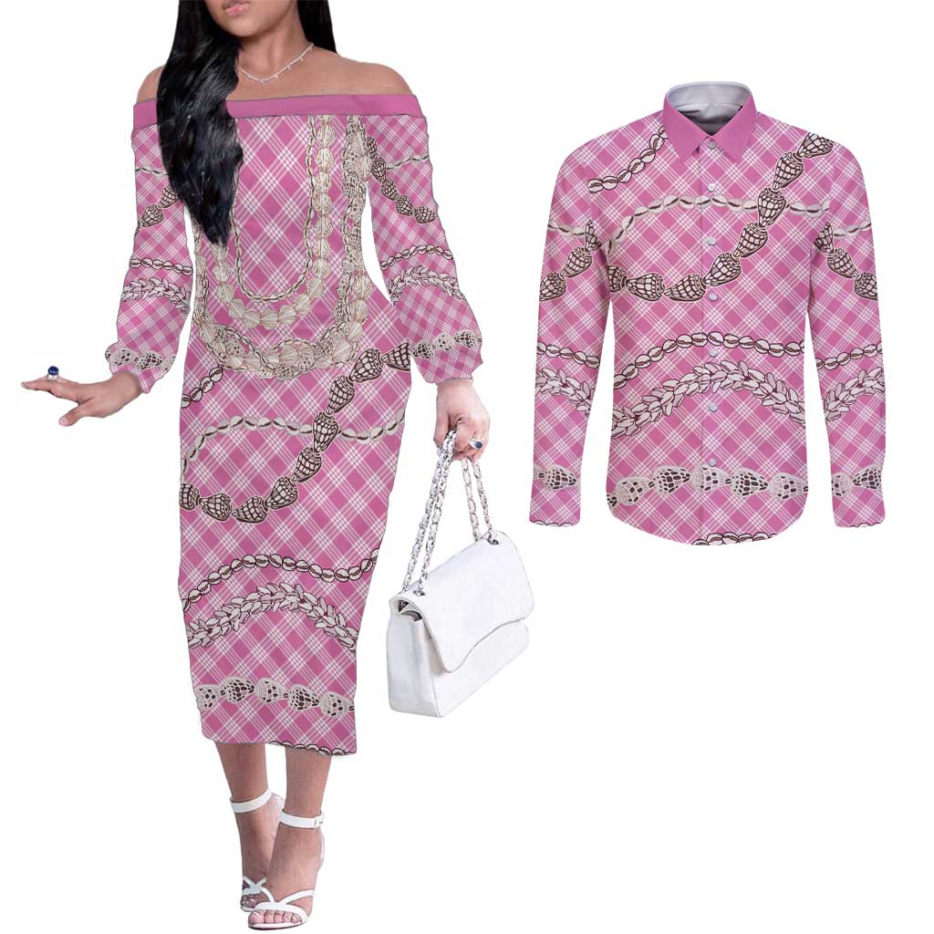 Pink Aloha Hawaii Shell Lei Couples Matching Off The Shoulder Long Sleeve Dress and Long Sleeve Button Shirt Palaka Hebrew Cone Honey Cowrie Elegant Curves LT14 Pink - Polynesian Pride