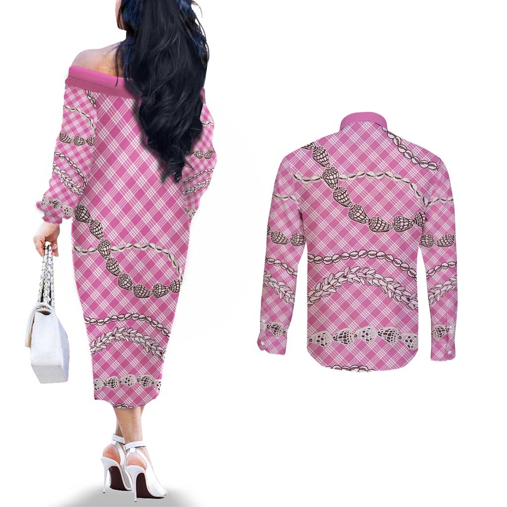 Pink Aloha Hawaii Shell Lei Couples Matching Off The Shoulder Long Sleeve Dress and Long Sleeve Button Shirt Palaka Hebrew Cone Honey Cowrie Elegant Curves LT14 - Polynesian Pride