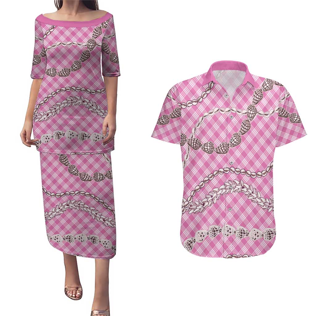 Pink Aloha Hawaii Shell Lei Couples Matching Puletasi and Hawaiian Shirt Palaka Hebrew Cone Honey Cowrie Elegant Curves LT14 Pink - Polynesian Pride