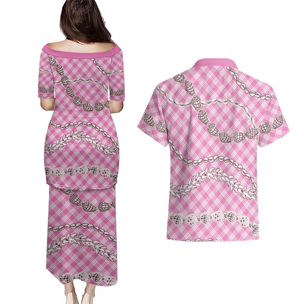 Pink Aloha Hawaii Shell Lei Couples Matching Puletasi and Hawaiian Shirt Palaka Hebrew Cone Honey Cowrie Elegant Curves LT14 - Polynesian Pride