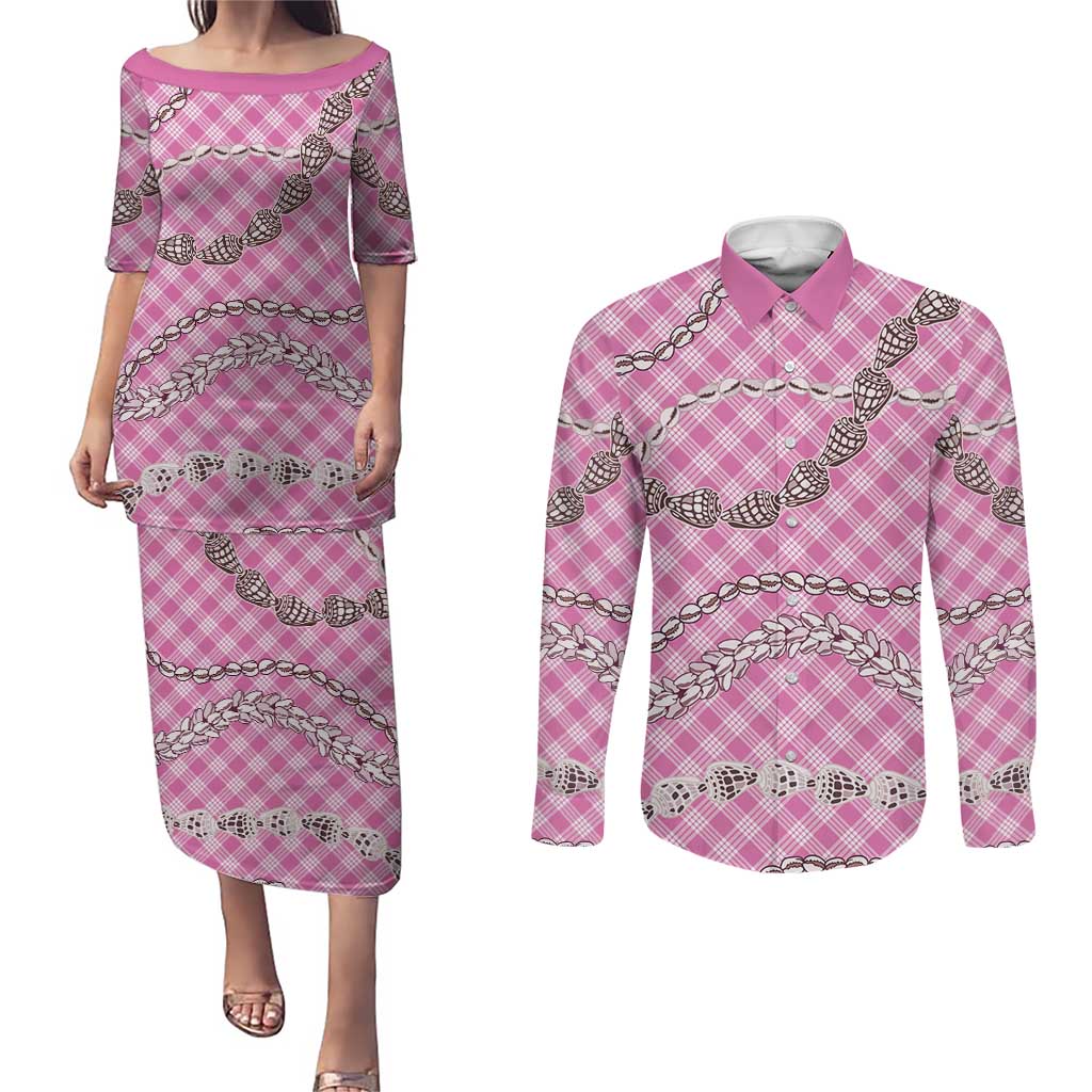 Pink Aloha Hawaii Shell Lei Couples Matching Puletasi and Long Sleeve Button Shirt Palaka Hebrew Cone Honey Cowrie Elegant Curves LT14 Pink - Polynesian Pride