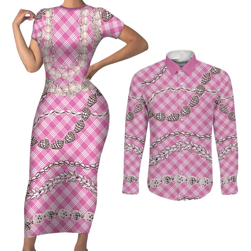 Pink Aloha Hawaii Shell Lei Couples Matching Short Sleeve Bodycon Dress and Long Sleeve Button Shirt Palaka Hebrew Cone Honey Cowrie Elegant Curves - Polynesian Pride