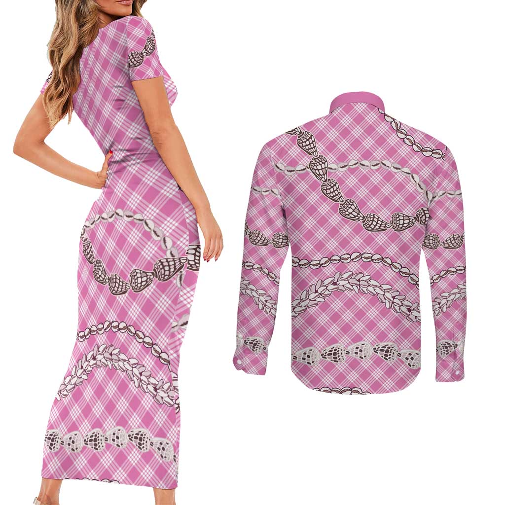 Pink Aloha Hawaii Shell Lei Couples Matching Short Sleeve Bodycon Dress and Long Sleeve Button Shirt Palaka Hebrew Cone Honey Cowrie Elegant Curves LT14 - Polynesian Pride