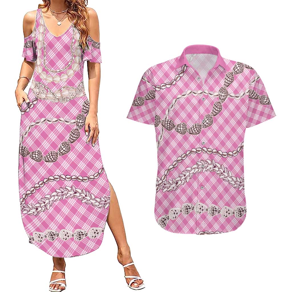 Pink Aloha Hawaii Shell Lei Couples Matching Summer Maxi Dress and Hawaiian Shirt Palaka Hebrew Cone Honey Cowrie Elegant Curves LT14 Pink - Polynesian Pride