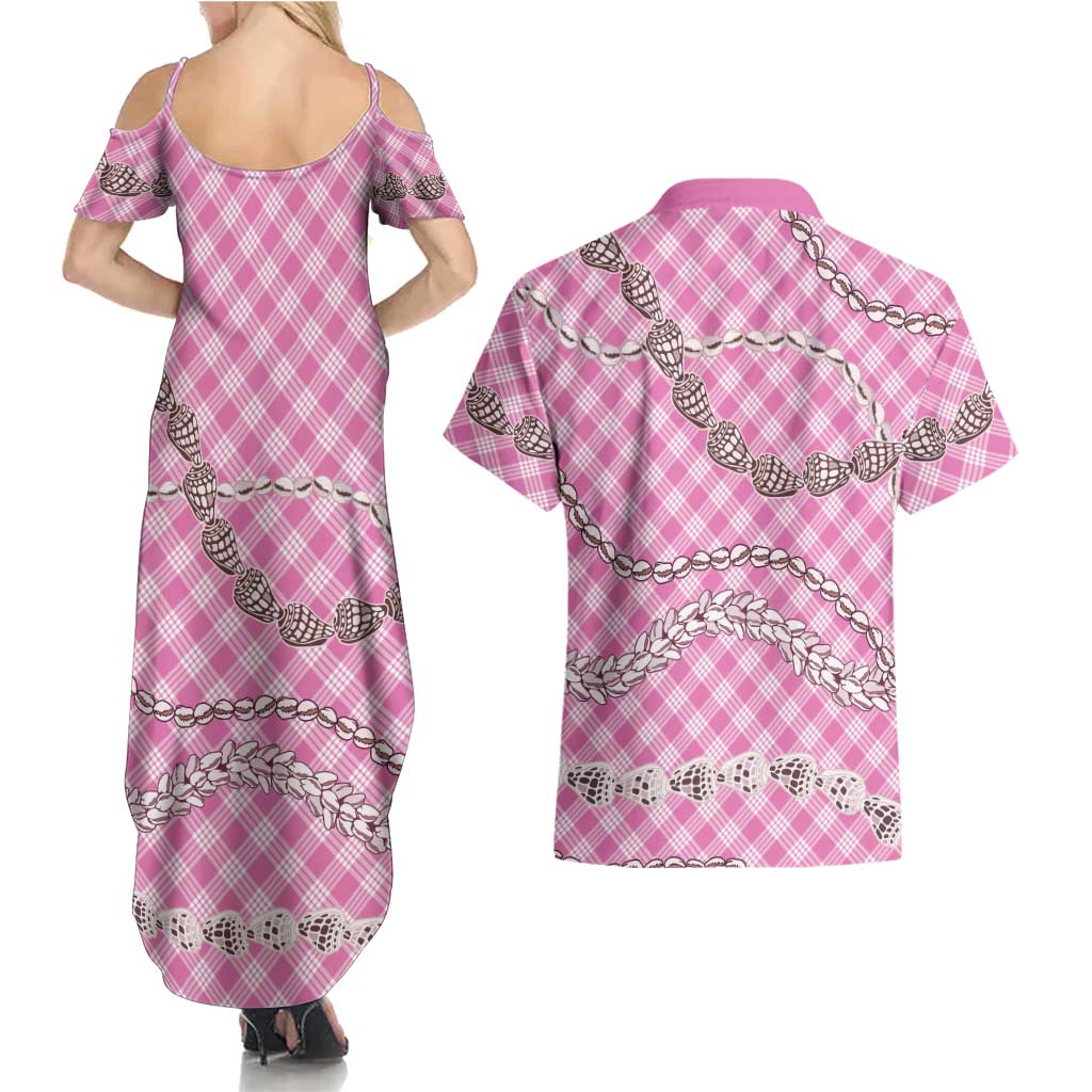 Pink Aloha Hawaii Shell Lei Couples Matching Summer Maxi Dress and Hawaiian Shirt Palaka Hebrew Cone Honey Cowrie Elegant Curves LT14 - Polynesian Pride