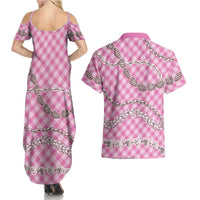 Pink Aloha Hawaii Shell Lei Couples Matching Summer Maxi Dress and Hawaiian Shirt Palaka Hebrew Cone Honey Cowrie Elegant Curves LT14 - Polynesian Pride