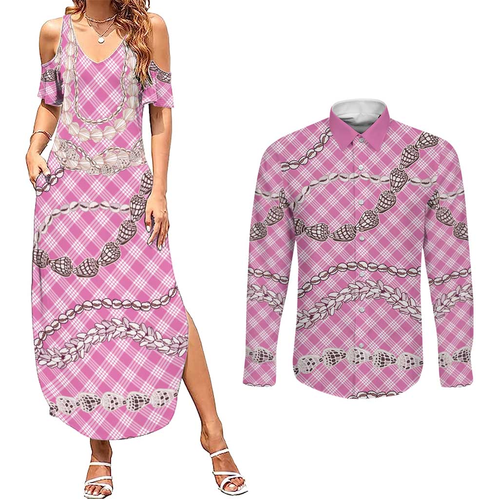 Pink Aloha Hawaii Shell Lei Couples Matching Summer Maxi Dress and Long Sleeve Button Shirt Palaka Hebrew Cone Honey Cowrie Elegant Curves LT14 Pink - Polynesian Pride