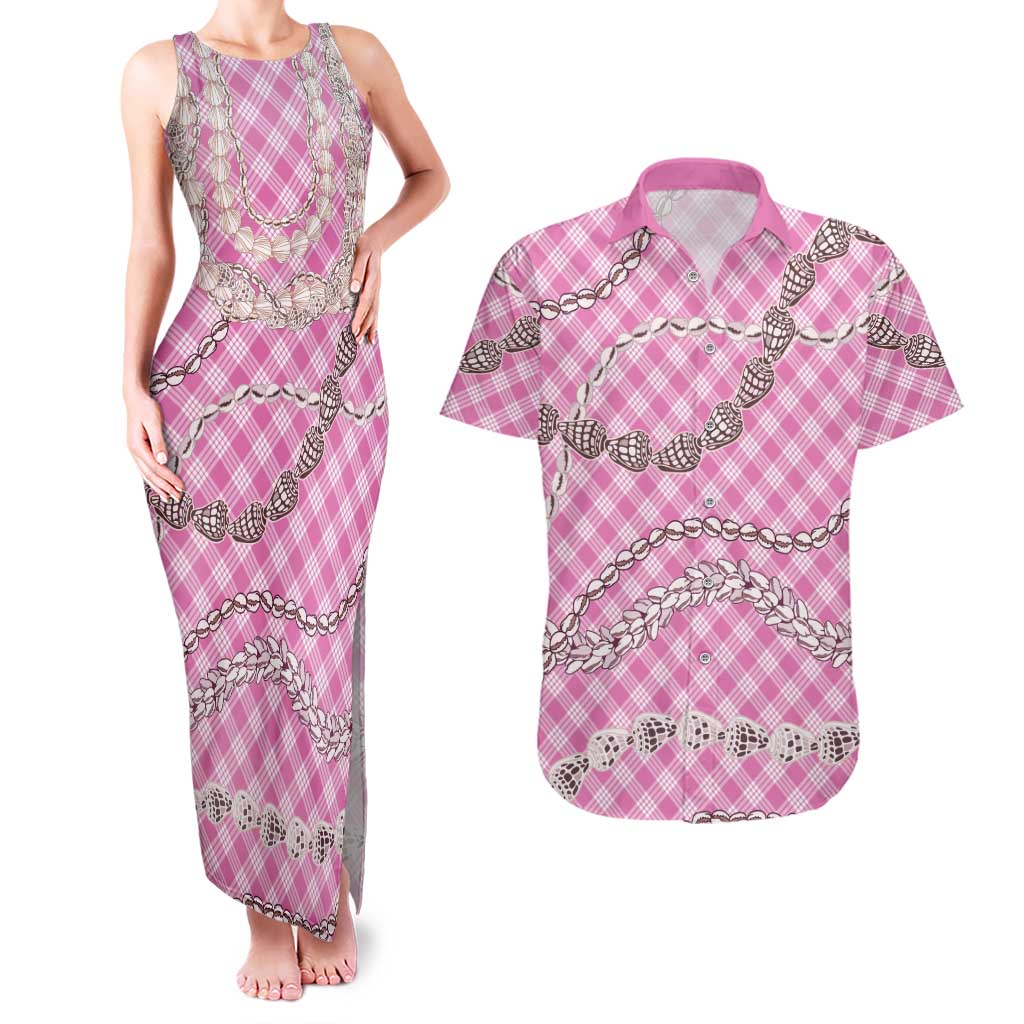Pink Aloha Hawaii Shell Lei Couples Matching Tank Maxi Dress and Hawaiian Shirt Palaka Hebrew Cone Honey Cowrie Elegant Curves - Polynesian Pride